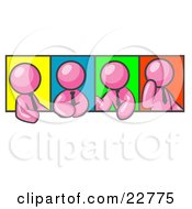 Four Pink Men In Different Poses Against Colorful Backgrounds Perhaps During A Meeting by Leo Blanchette