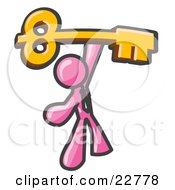 Poster, Art Print Of Pink Businessman Holding A Large Golden Skeleton Key Symbolizing Success