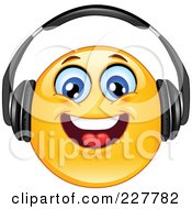 Poster, Art Print Of Yellow Smiley Face Wearing Head Phones And Smiling