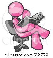 Clipart Illustration Of A Pink Man Sitting Cross Legged In A Chair And Reading A Book