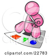 Pink Man Holding A Pair Of Scissors And Sitting On A Large Poster Board With Colorful Shapes