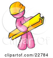 Poster, Art Print Of Pink Man Construction Worker Wearing A Hardhat And Carrying A Beam At A Work Site