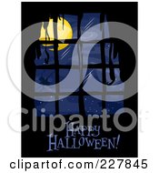 Royalty Free RF Clipart Illustration Of A Happy Halloween Greeting Under A Creepy Window With Moonlight by BNP Design Studio
