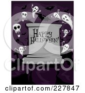 Poster, Art Print Of Happy Halloween Greeting On A Tombstone With Ghosts In A Cemetery On Purple