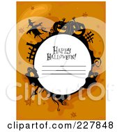 Happy Halloween Greeting With Copyspace Bordered With A Scarecrow Ghosts And Pumpkins On Orange
