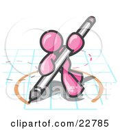 Clipart Illustration Of A Pink Man Holding A Pencil And Drawing A Circle On A Blueprint