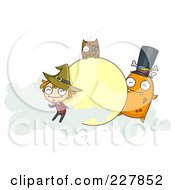 Poster, Art Print Of Halloween Witch Owl And Monster With Clouds Around A Moon Frame