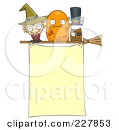 Witch Monster And Owl On A Broomstick Above A Halloween Sign