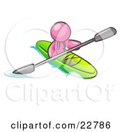 Poster, Art Print Of Pink Man Paddling Down A River In A Green Kayak