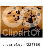 Royalty Free RF Clipart Illustration Of A Cat Pumpkins Owls And Bats In A Spooky Tree Over Brown