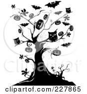 Poster, Art Print Of Creepy Black And White Tree Of Owls Bats And Jackolanterns