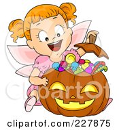 Poster, Art Print Of Halloween Girl In A Fairy Costume Showing Her Candy Stash In A Pumpkin