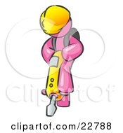 Clipart Illustration Of A Pink Construction Worker Man Wearing A Hardhat And Operating A Yellow Jackhammer While Doing Road Work by Leo Blanchette
