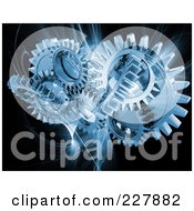 Royalty Free RF Clipart Illustration Of Blue Mechanical Gears Over A Blue Fractal On Black by KJ Pargeter