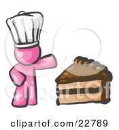 Poster, Art Print Of Pink Chef Man Wearing A White Hat And Presenting A Tasty Slice Of Chocolate Frosted Cake