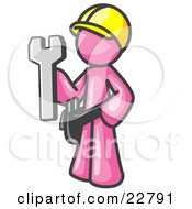 Poster, Art Print Of Proud Pink Construction Worker Man In A Hardhat Holding A Wrench Clipart Illustration