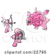Clipart Illustration Of Two Pink Men Working Together To Conquer An Obstacle A Dragon