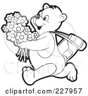 Poster, Art Print Of Coloring Page Outline Of A Happy Bear Running With Flowers