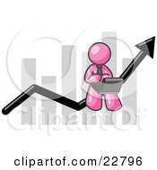 Pink Man Conducting Business On A Laptop Computer On An Arrow Moving Upwards In Front Of A Bar Graph Symbolizing Success
