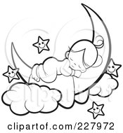 Royalty Free RF Clipart Illustration Of A Coloring Page Outline Of A Cute Girl Sleeping On A Crescent Moon By Happy Stars by Lal Perera #COLLC227972-0106