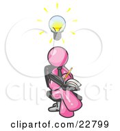 Smart Pink Man Seated With His Legs Crossed Brainstorming And Writing Ideas Down In A Notebook Lightbulb Over His Head by Leo Blanchette