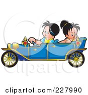 Poster, Art Print Of Boy And Girl Riding In A Blue Vintage Car