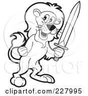 Royalty Free RF Clipart Illustration Of A Coloring Page Outline Of A Lion Holding A Sword by Lal Perera