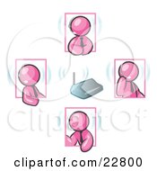 Poster, Art Print Of Pink Men Holding A Phone Meeting And Wearing Wireless Headsets