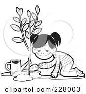 Coloring Page Outline Of A Girl Planting A Tree