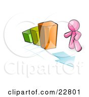Clipart Illustration Of A Pink Man Standing By An Increasing Green Yellow And Orange Bar Graph On A Grid Background With An Arrow