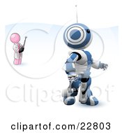 Pink Man Inventor Operating An Blue Robot With A Remote Control