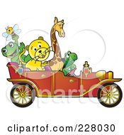Poster, Art Print Of Happy Animals Riding In A Red Vintage Car