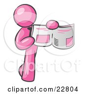 Clipart Illustration Of A Pink Man Holding Up A Newspaper And Pointing To An Article