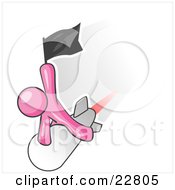 Clipart Illustration Of A Pink Man Waving A Flag While Riding On Top Of A Fast Missile Or Rocket Symbolizing Success