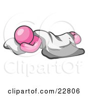 Comfortable Pink Man Sleeping On The Floor With A Sheet Over Him