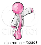 Pink Scientist Veterinarian Or Doctor Man Waving And Wearing A White Lab Coat by Leo Blanchette