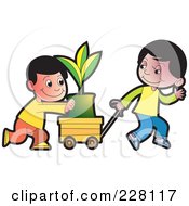 Two Boys Pushing A Plant In A Cart