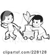 A Coloring Page Outline Of Two Boys Pushing A Plant In A Cart