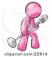 Clipart Illustration Of A Pink Man In A Tie Singing Songs On Stage During A Concert Or At A Karaoke Bar While Tipping The Microphone
