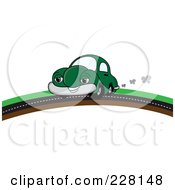 Happy Green Car Putting On A Road Over A Hill