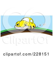 Poster, Art Print Of Happy Yellow Car On A Road Over A Hill