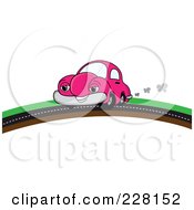 Poster, Art Print Of Happy Pink Car Putting On A Road Over A Hill