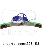Poster, Art Print Of Happy Blue Car Putting On A Road Over A Hill
