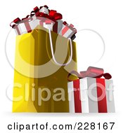 Poster, Art Print Of 3d Gift Box By A Golden Shopping Bag Full Of Presents