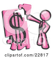 Clipart Illustration Of A Pink Businessman Putting A Dollar Sign Puzzle Together by Leo Blanchette