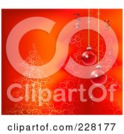 Poster, Art Print Of Red And Orange Background Of A Christmas Tree Ribbons And Baubles