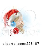 Poster, Art Print Of Christmas Background Of Santas Face In Profile With Ornaments And Snowflakes On Blue And White