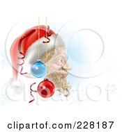 Royalty Free RF Clipart Illustration Of A Christmas Background Of Santas Face In Profile With Ornaments And Snowflakes On Blue And White