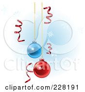 Poster, Art Print Of Background Of Shiny Red Curly Ribbons And Suspended Christmas Ornaments