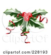 Poster, Art Print Of Shiny Red Ribbons On Christmas Holly And Berries
